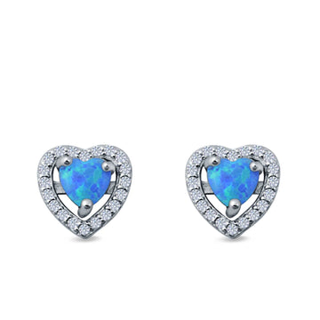 Halo Heart Stud Earrings Lab Created Blue Opal Simulated CZ 925 Sterling Silver
